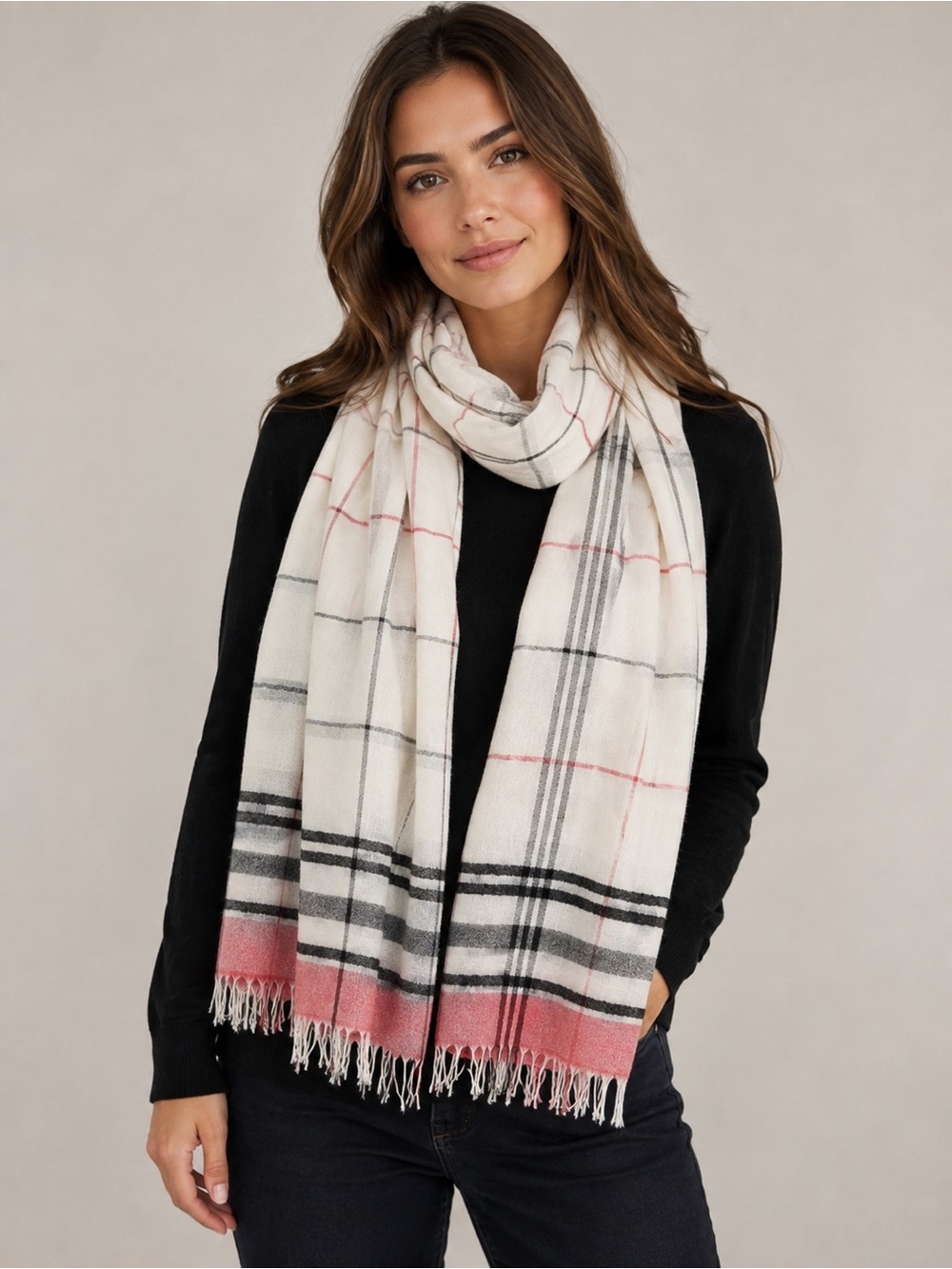 Like New Begg & Co luxury plaid scarf with fringed edges